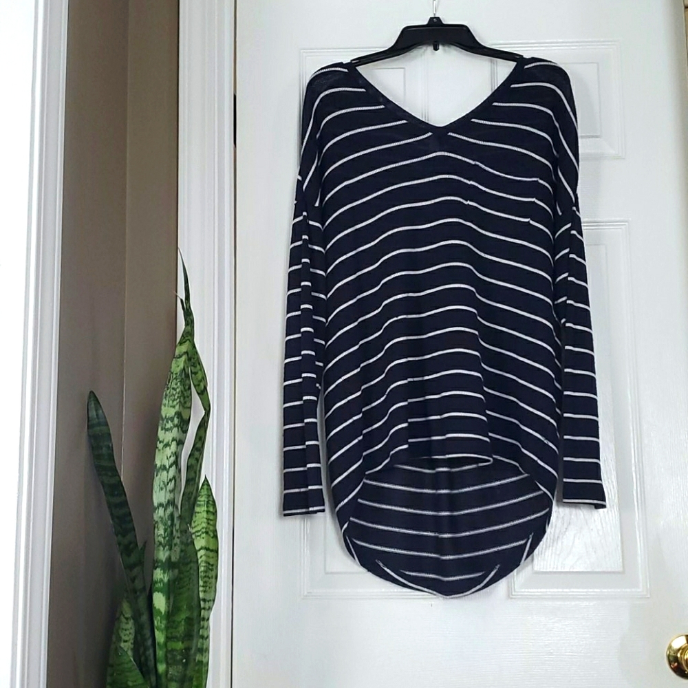 Womens Navy Blue and White Striped Tunic Sweater